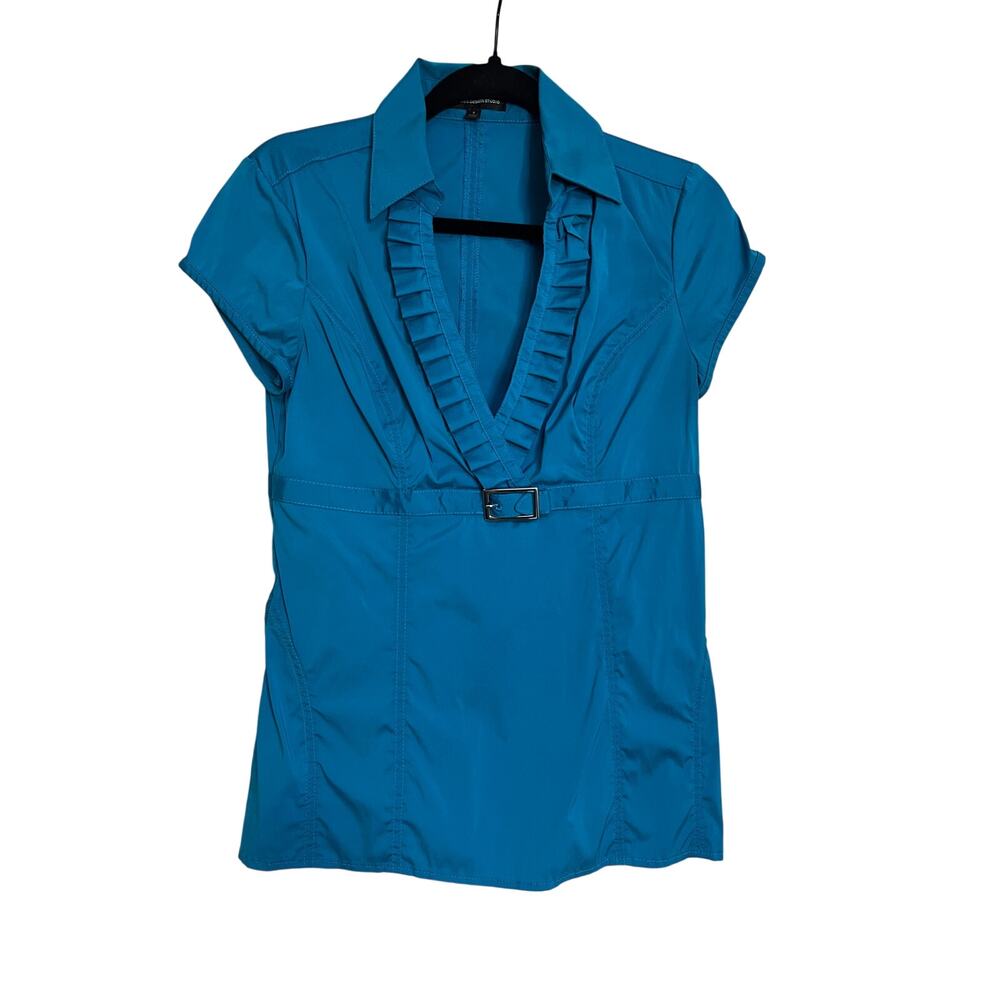 Express Design Studio Womens Small Teal Blouse Stretch Fitted Buckle Detail Top